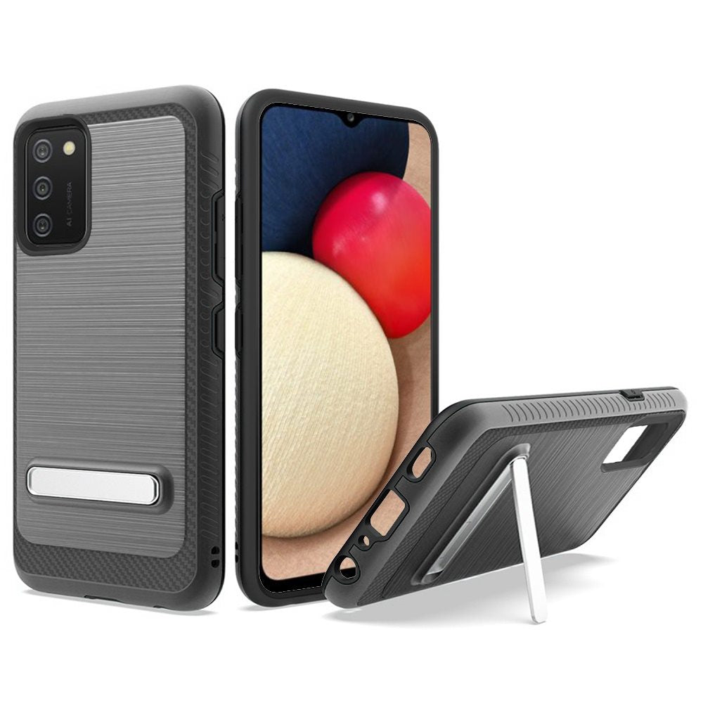 For Samsung Galaxy A02S Slim Brushed Hybrid Shock-Absorption Armor Edged Carbon Fiber with Metal Kickstand Rugged Texture Phone Case Cover