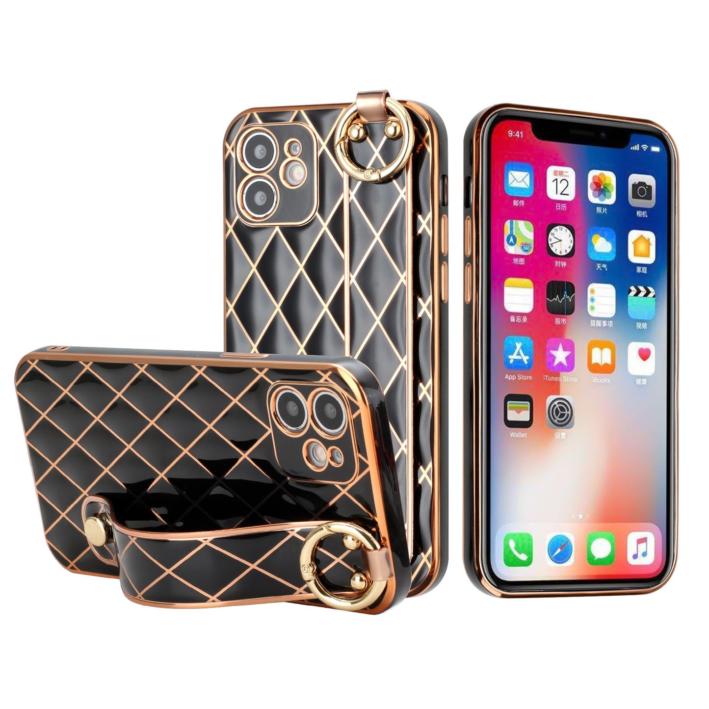 For Apple iPhone 11 (6.1") Chromed Grid Design with Strap Holder Fashion Hybrid Rubber TPU Hard PC Slim Fit Phone Case Cover