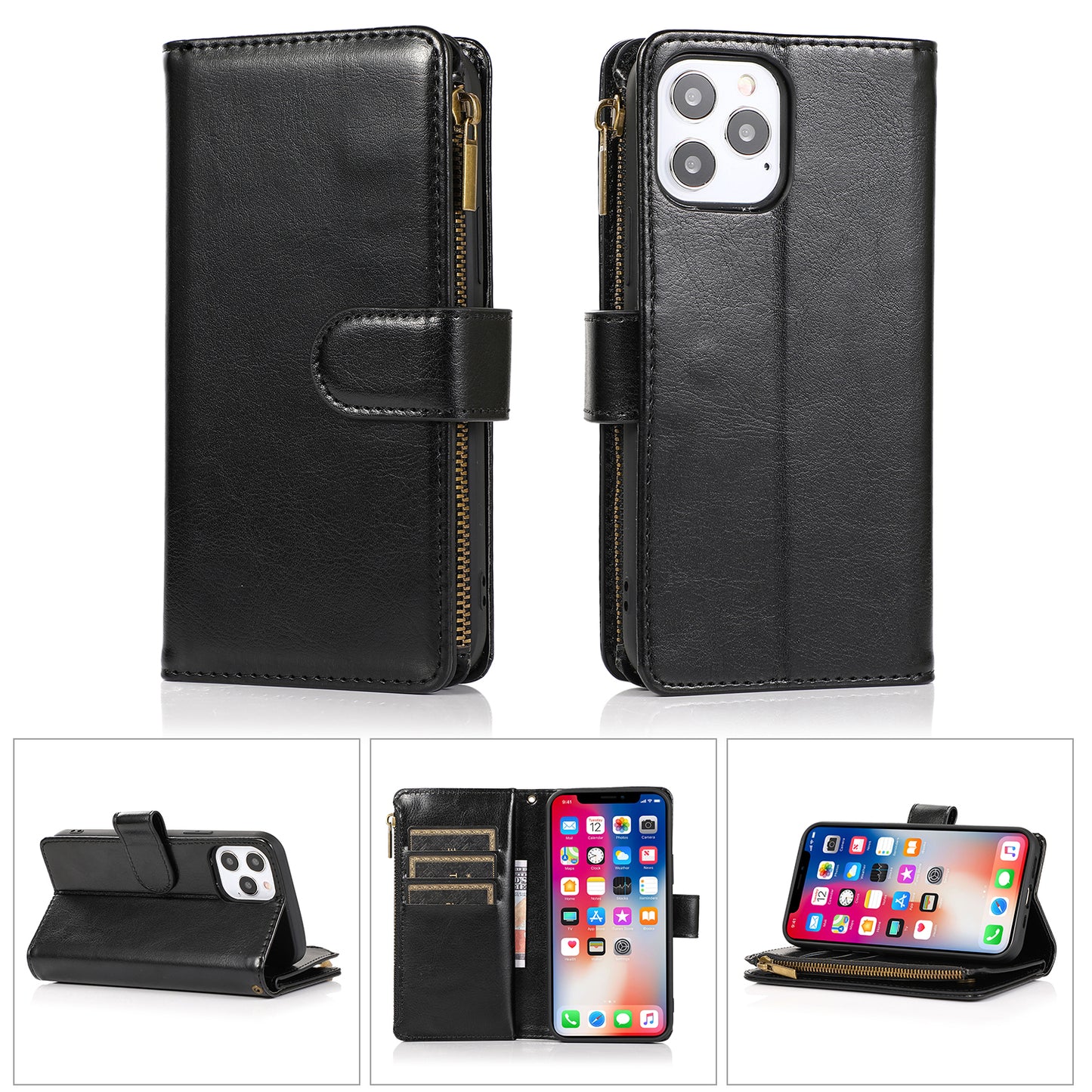 For Samsung A03 Core Leather Zipper Wallet Case 9 Credit Card Slots Cash Money Pocket Clutch Pouch Stand and Strap Phone Case Cover