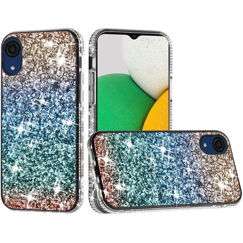 For Samsung A03 Core Rhinestone Sparkling Rainbow Gradual Glitter Full Diamond Bling Protective Hybrid Rugged Bumper Phone Case Cover