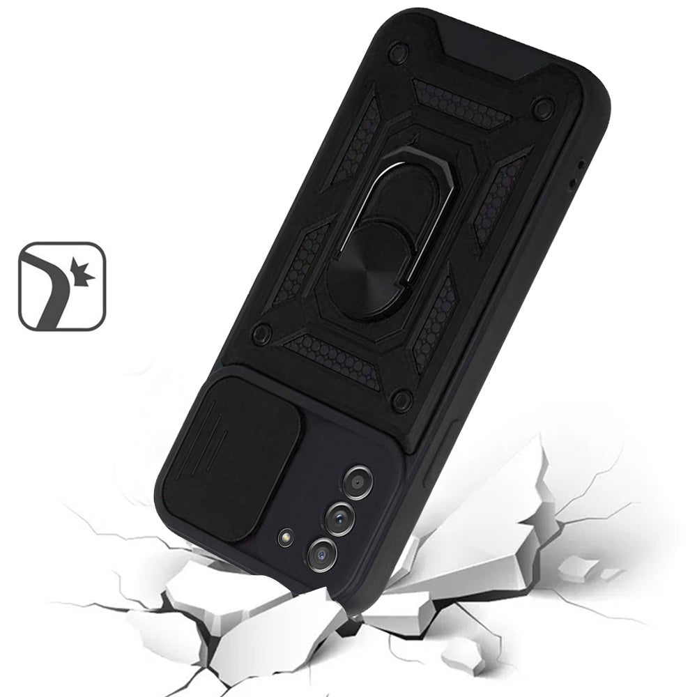 For Samsung Galaxy A02S Hybrid Cases with Slide Camera Lens Cover and Ring Holder Kickstand Rugged Dual Layer Heavy Duty Phone Case Cover