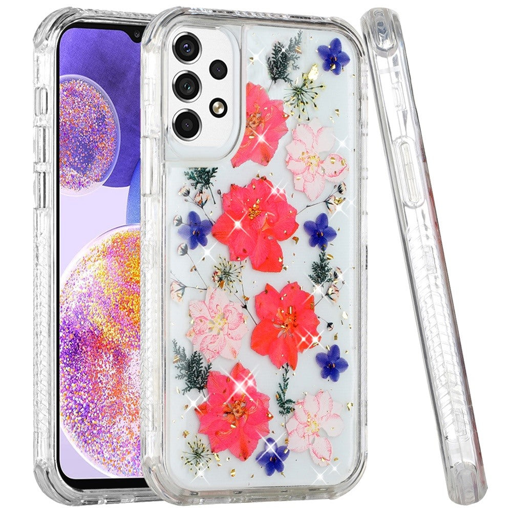 For Samsung Galaxy A23 5G Sparkle Glitter Floral Epoxy Design Shockproof Hybrid Fashion Bling Rubber TPU & Hard PC Phone Case Cover