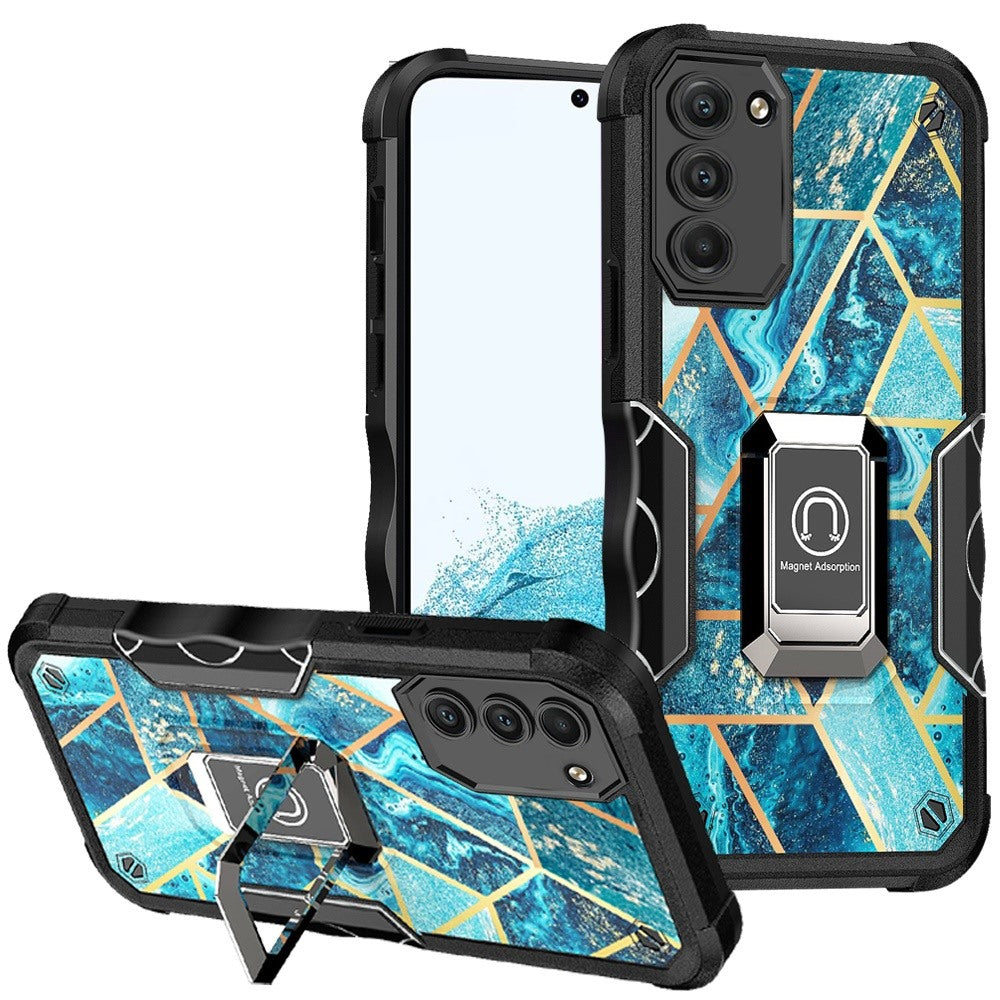 For Samsung Galaxy S22 /Plus Ultra Marble IMD Design Hybrid Armor with Magnetic Ring Stand Heavy Duty Rugged Shockproof Phone Case Cover