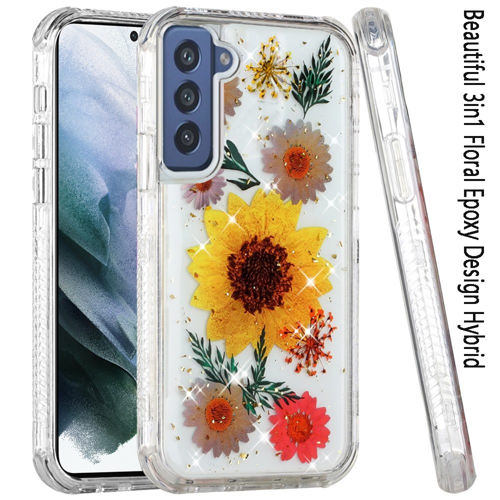 For Samsung Galaxy S21 FE /Fan Edition Sparkle Glitter Floral Epoxy Design Shockproof Hybrid Fashion Bling Rubber TPU Phone Case Cover