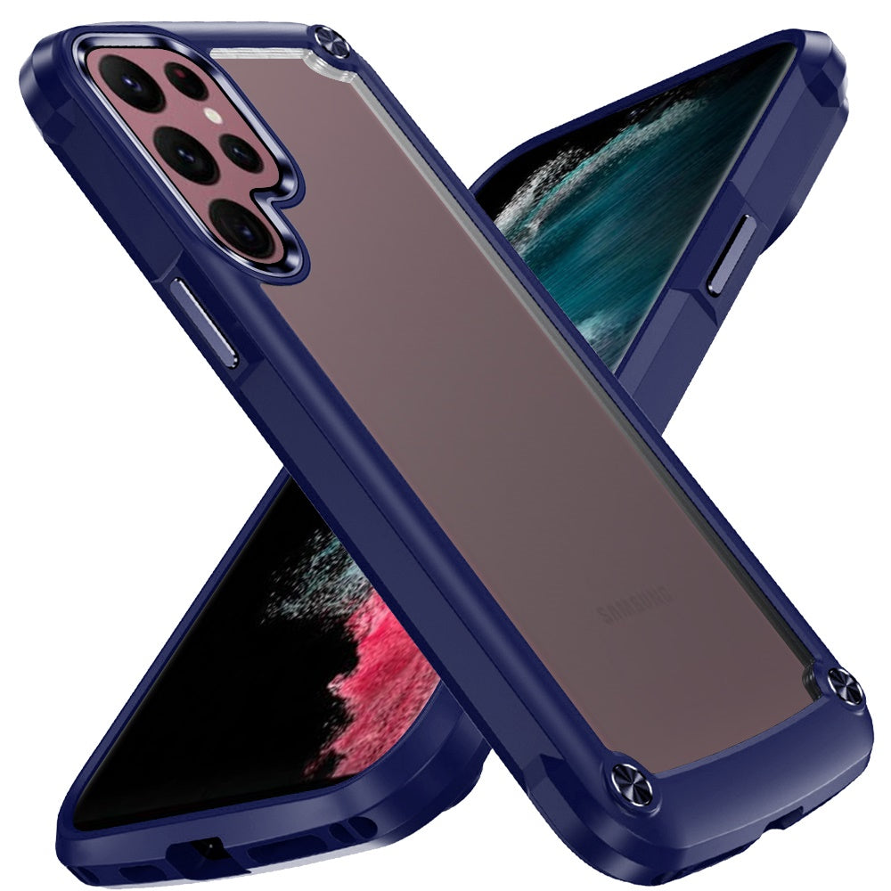 For Samsung Galaxy S22 Ultra Hybrid Transparent Rubber Gummy with Metal Buttons Hard PC TPU Corner Bumper Frame Phone Case Cover
