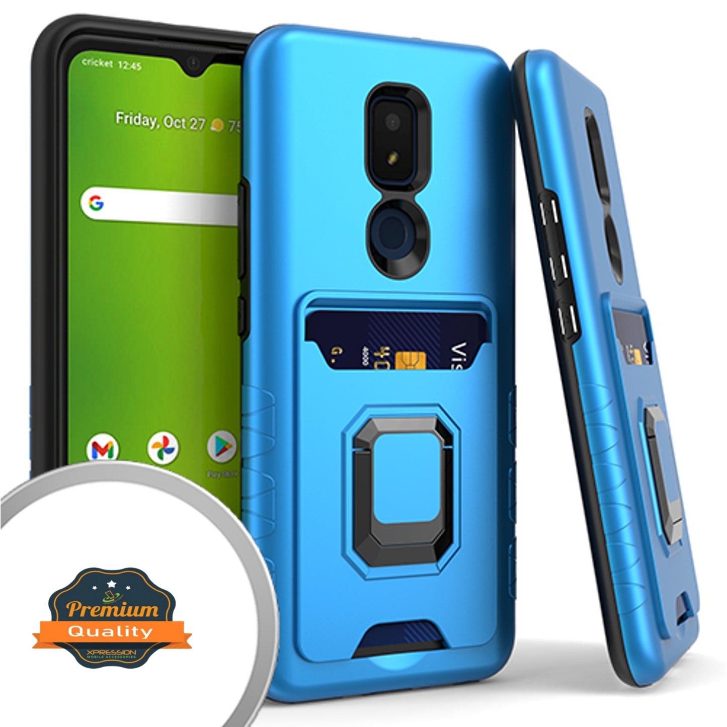 For Cricket Icon 3 Wallet Credit Card Slot Holder with Metal Ring Kickstand Heavy Duty Shockproof Hybrid Dual Layer Magnetic Stand Phone Case Cover