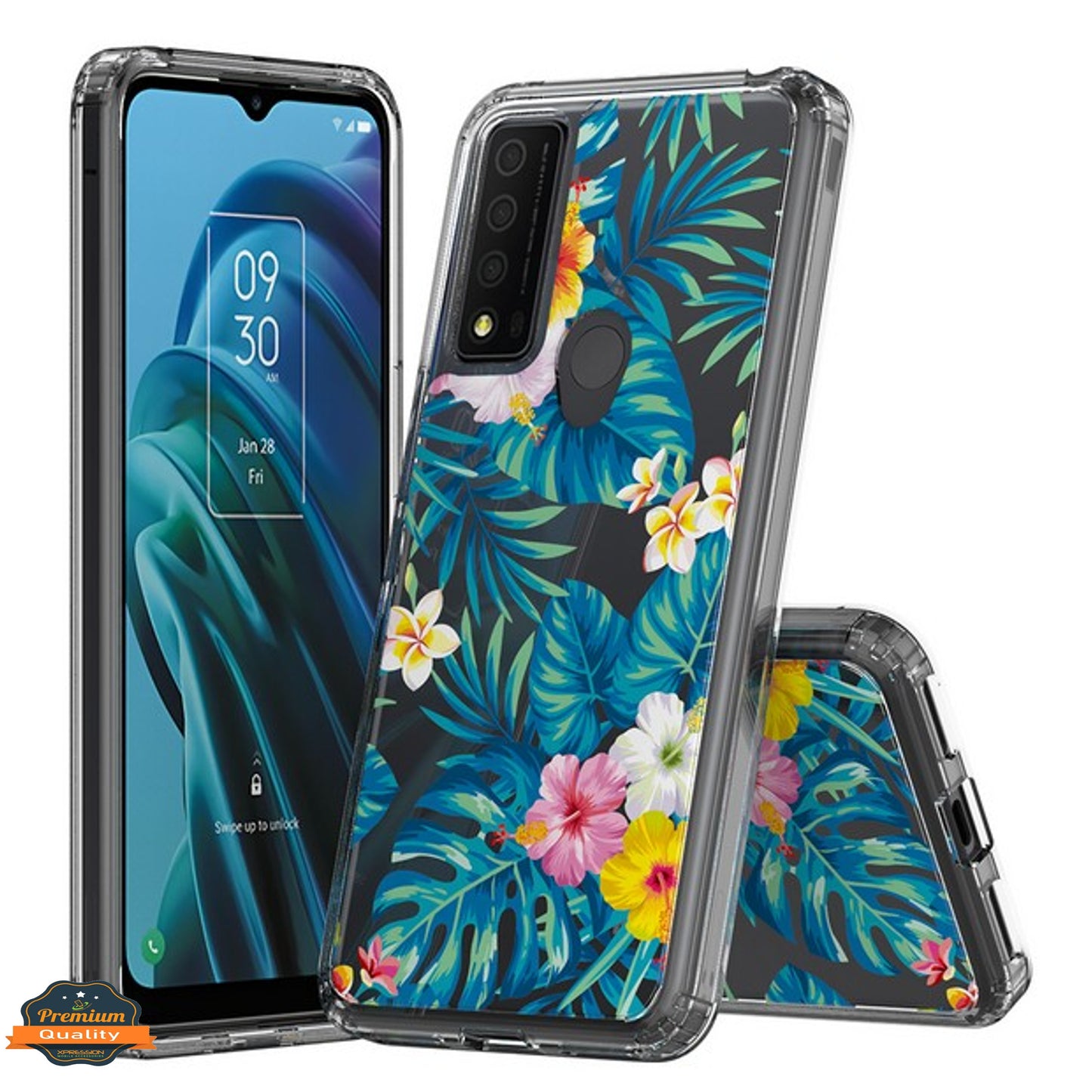 For TCL REVVL V Plus 5G Floral Patterns Design Transparent TPU Silicone Shock Absorption Bumper Hard PC Back Phone Case Cover