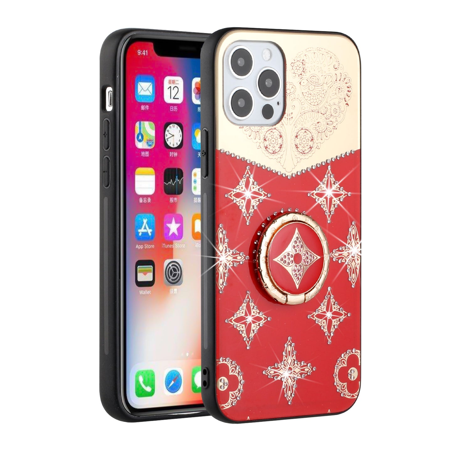 For Apple iPhone 13 Pro (6.1") Diamond Bling Sparkly Glitter Ornaments Engraving Hybrid Armor with Ring Stand Holder Rugged Fashion Phone Case Cover