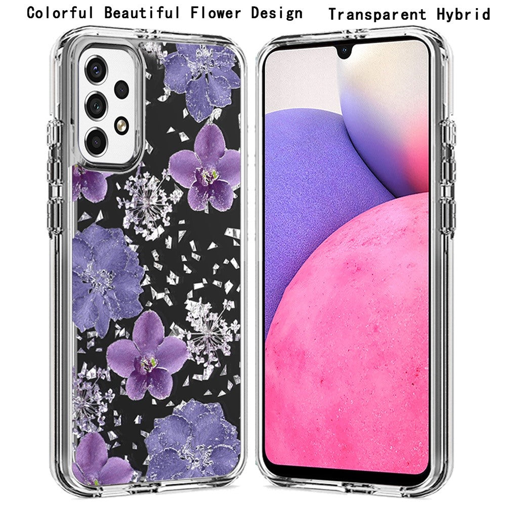 For Samsung Galaxy A33 5G Glitter Floral Print Pattern Clear Design Shockproof Hybrid Fashion Sparkle Rubber TPU Bumper Phone Case Cover