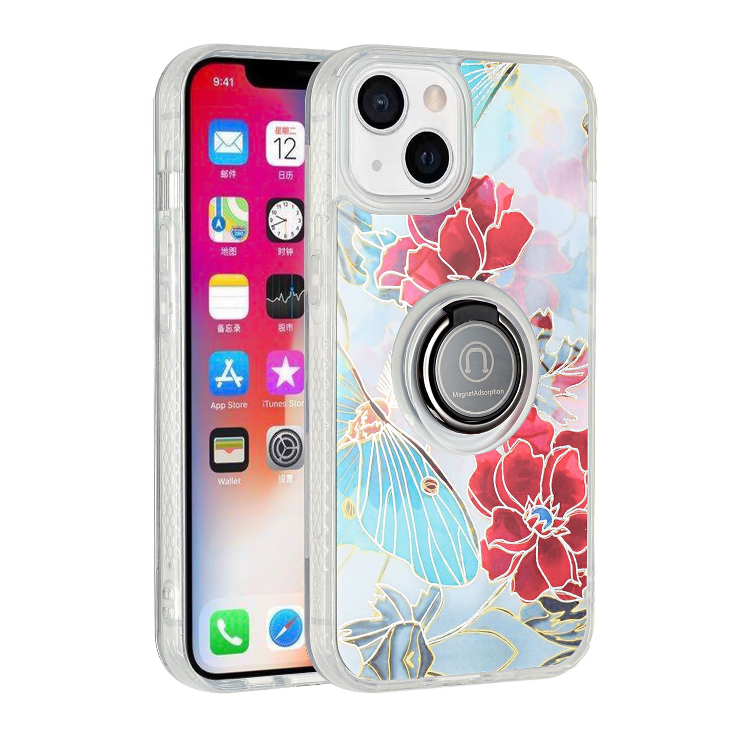 For Apple iPhone 11 (6.1") Flower Pattern IMD Design with Ring Kickstand Hybrid TPU Hard Back Shockproof Phone Case Cover