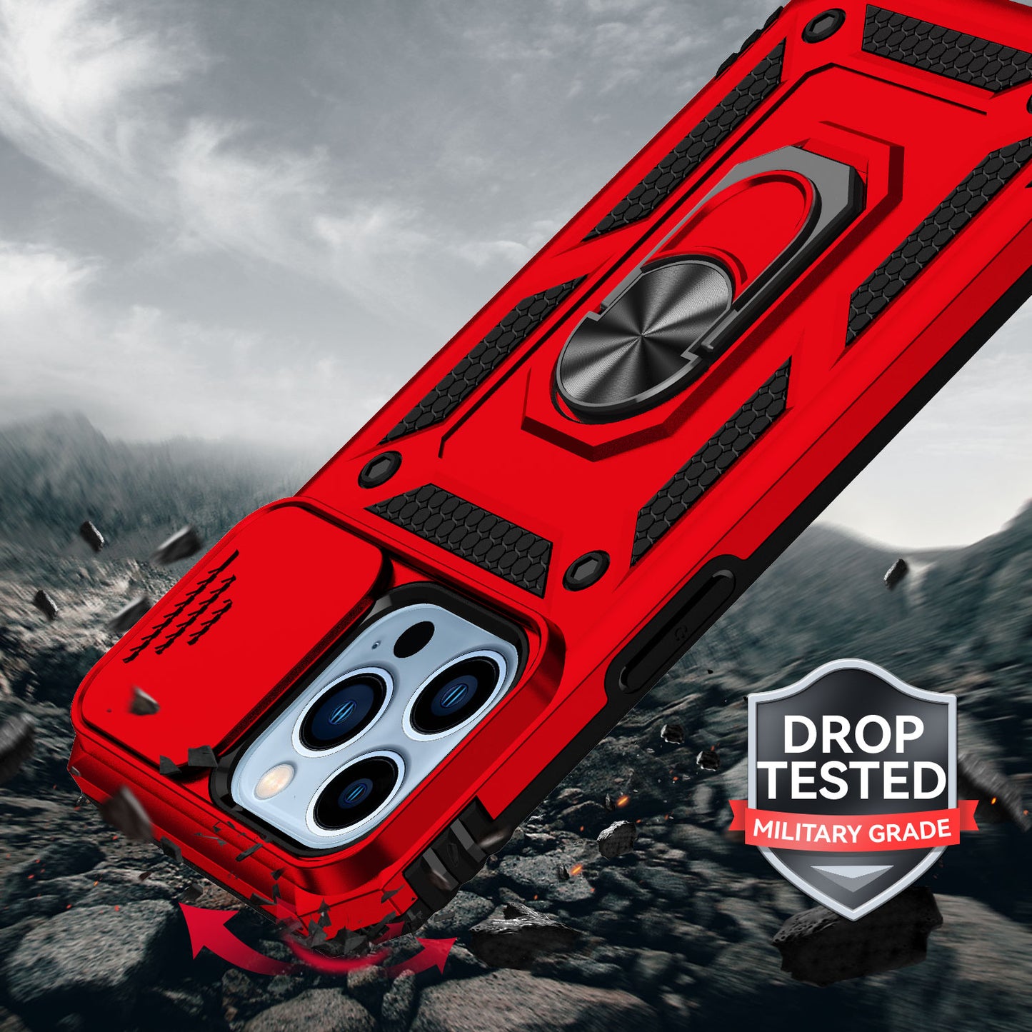 For Apple iPhone SE 3 (2022) SE/8/7 Case with Stand, Camera Lens Protection & 360° Rotate Ring, Shockproof, Soft Bumper Red Phone Case Cover