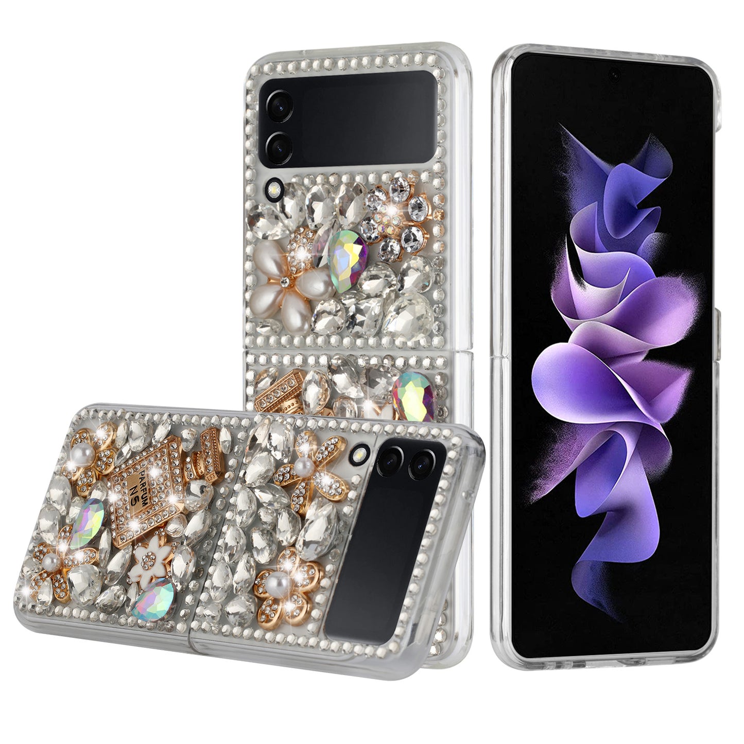 For Samsung Galaxy Z Flip 3 5G Bling Clear Crystal 3D Full Diamonds Luxury Sparkle Transparent Rhinestone Hybrid Phone Case Cover