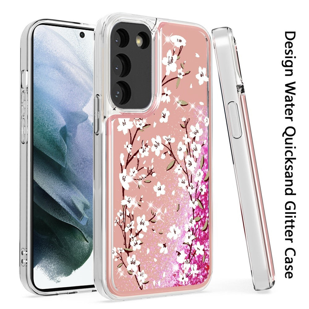 For Samsung Galaxy S22 /Plus Ultra Floral Design Quicksand Water Flowing Liquid Floating Colorful Glitter Bling Flower Fashion TPU Hybrid Phone Case Cover