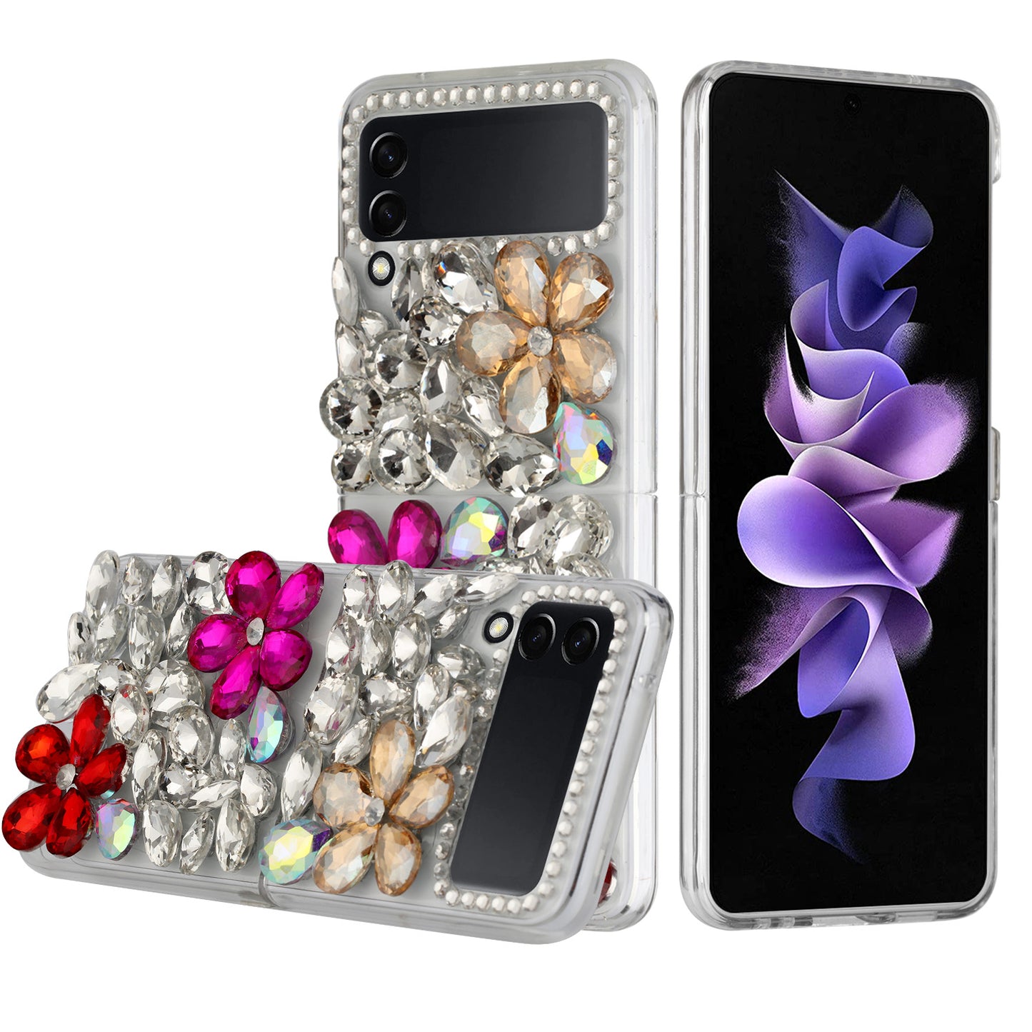 For Samsung Galaxy Z Flip 3 5G Bling Clear Crystal 3D Full Diamonds Luxury Sparkle Transparent Rhinestone Hybrid Phone Case Cover