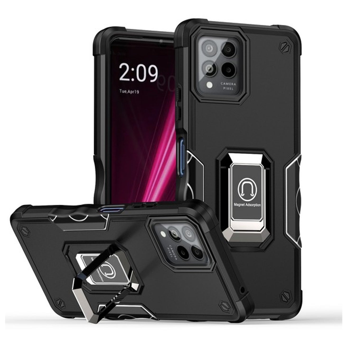 For T-Mobile Revvl 6 Pro 5G /Revvl 6 5G Hybrid 2 in 1 Hard PC TPU Heavy Duty Rugged Bumper Shockproof with Magnetic Ring Kickstand Phone Case Cover