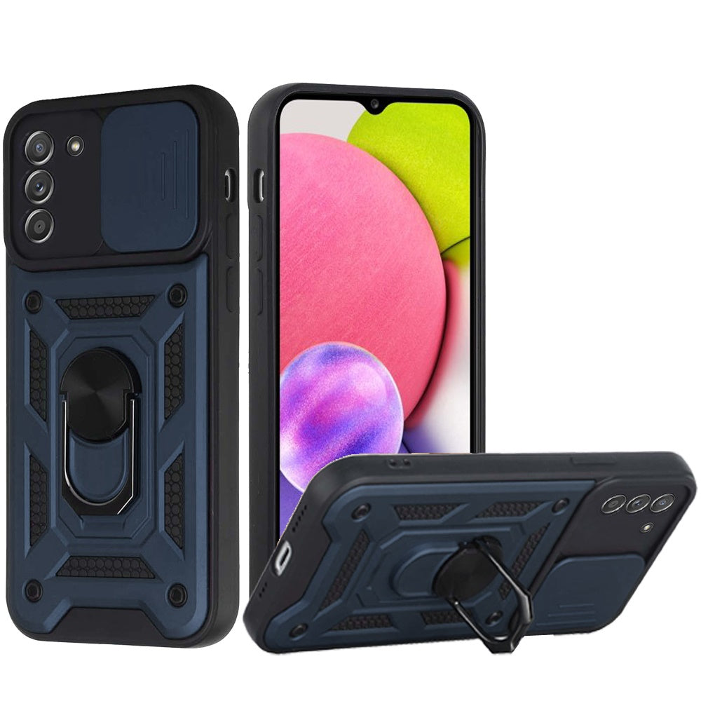 For Samsung Galaxy A03S Hybrid Cases with Slide Camera Lens Cover and Ring Holder Kickstand Rugged Dual Layer Heavy Duty Phone Case Cover