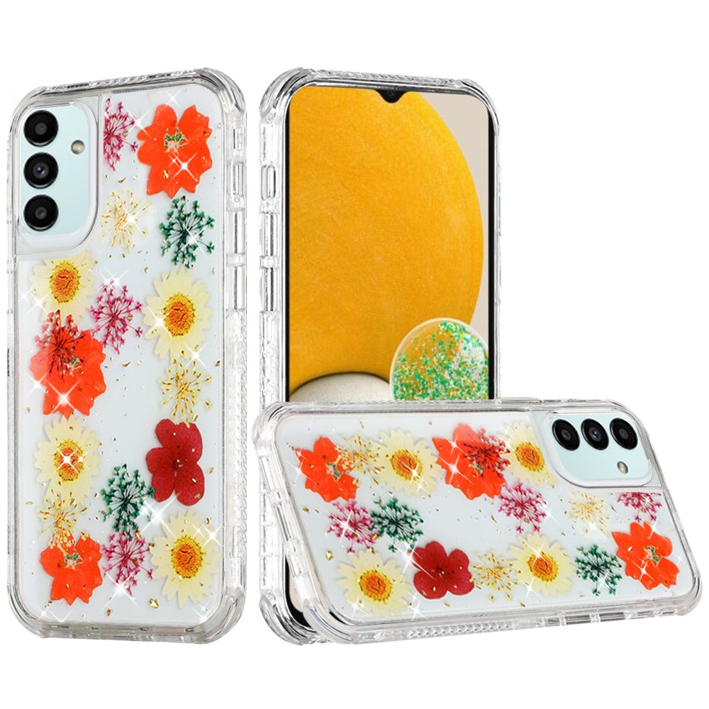 For Samsung Galaxy A13 4G Beautiful Sparkle Glitter Floral Epoxy Design Shockproof Hybrid Fashion Bling Rubber TPU Phone Case Cover
