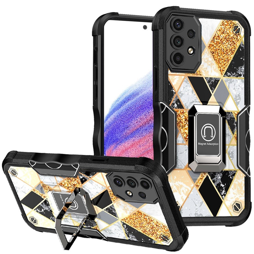 For Samsung Galaxy A53 5G Marble IMD Stone Design Hybrid Armor with Magnetic Ring Stand Kickstand Heavy Duty Rugged Shockproof Phone Case Cover