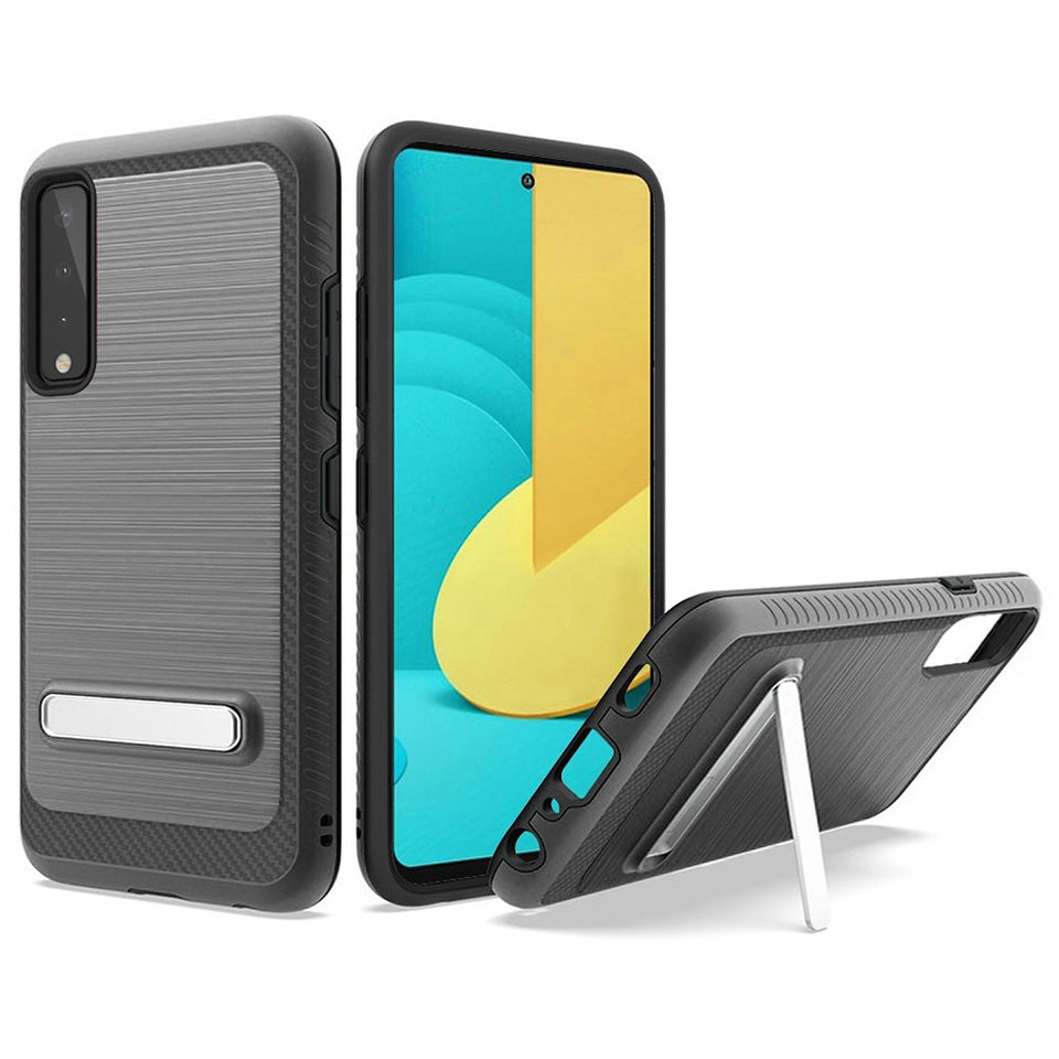 For Samsung Galaxy A02S Slim Brushed Hybrid Shock-Absorption Armor Edged Carbon Fiber with Metal Kickstand Rugged Texture Phone Case Cover