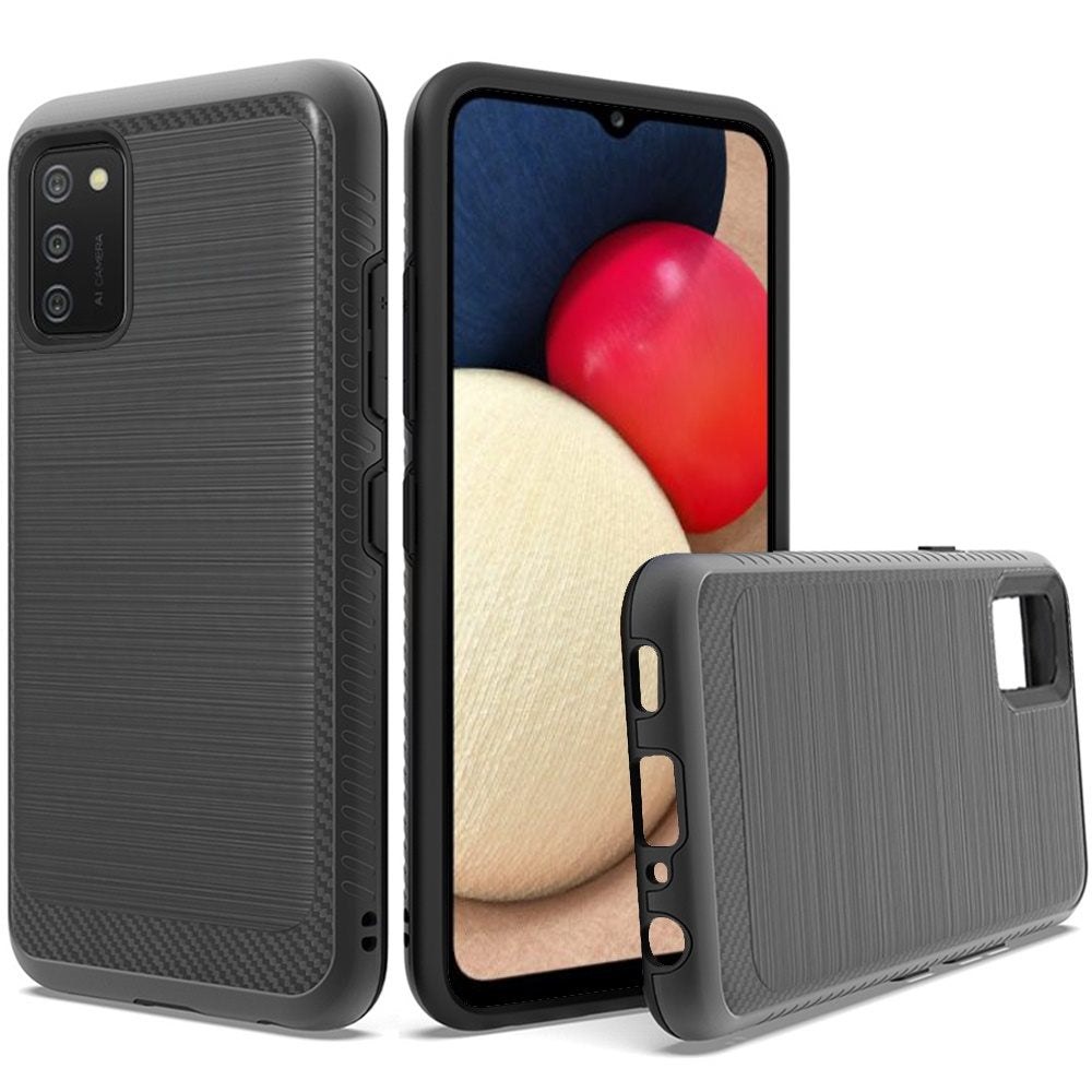 For Samsung Galaxy A02S Slim Thin Protective Hybrid TPU 2-Piece Bumper Shockproof with Brushed Metal Texture Carbon Fiber Hard PC Back Phone Case Cover