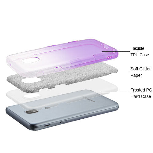 For Samsung Galaxy J3 (2018)/ Galaxy J3 Star/ Galaxy J3 Glitter Stylish Design Hybrid Rubber TPU Hard PC Shockproof Armor Rugged Purple Silver Phone Case Cover