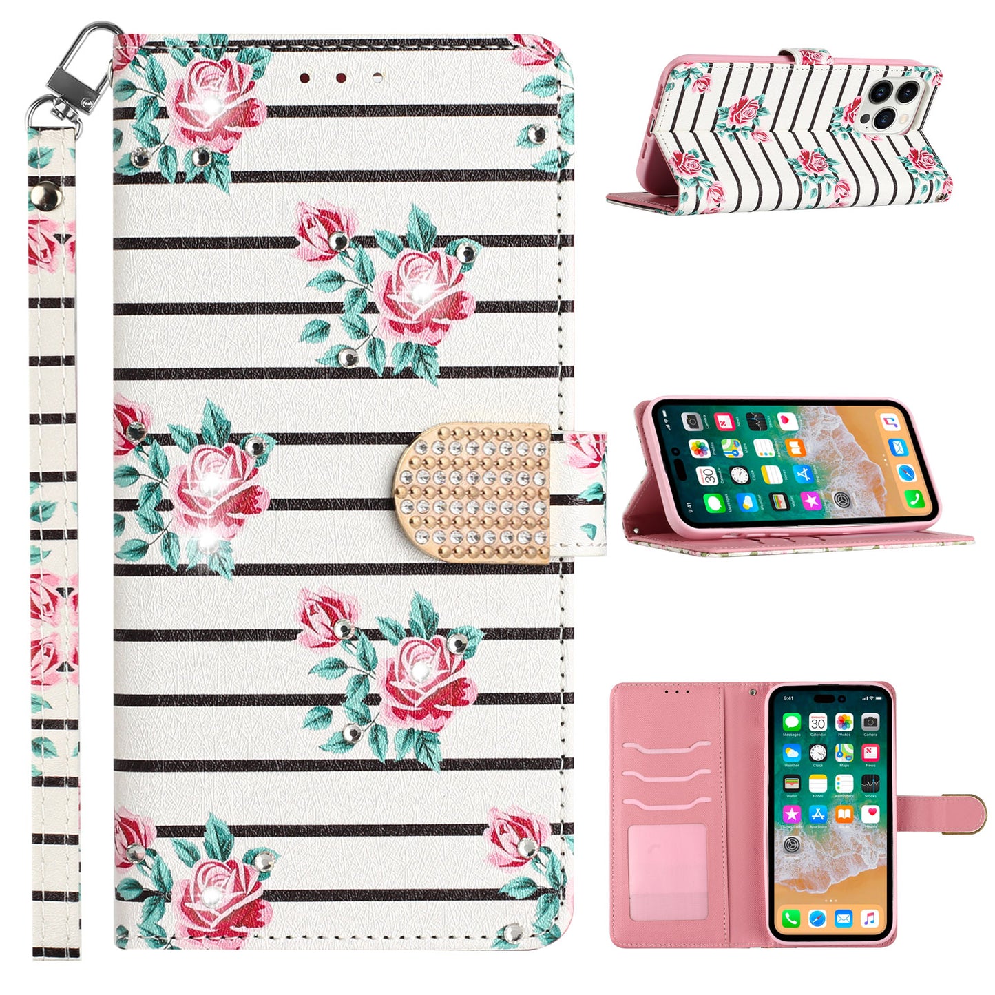 For Samsung Galaxy A23 5G Fashion Diamond Bling Design Wallet Pouch Card Slots PU Leather With Lanyard Phone Case Cover