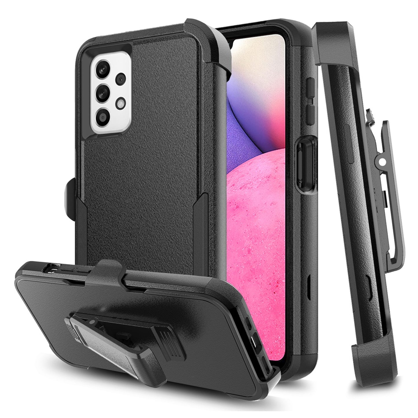 For Samsung Galaxy A23 5G Heavy Duty Rugged Shockproof Body Protection Hybrid Kickstand with Swivel Belt Clip Holster Black Phone Case Cover