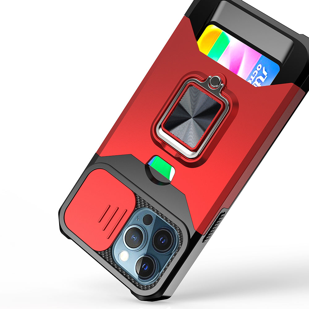 For Apple iPhone 13 Pro Max (6.7") Wallet Case with Ring Stand & Slide Camera Cover Credit Card Slot Holder, Military Grade Red Phone Case Cover