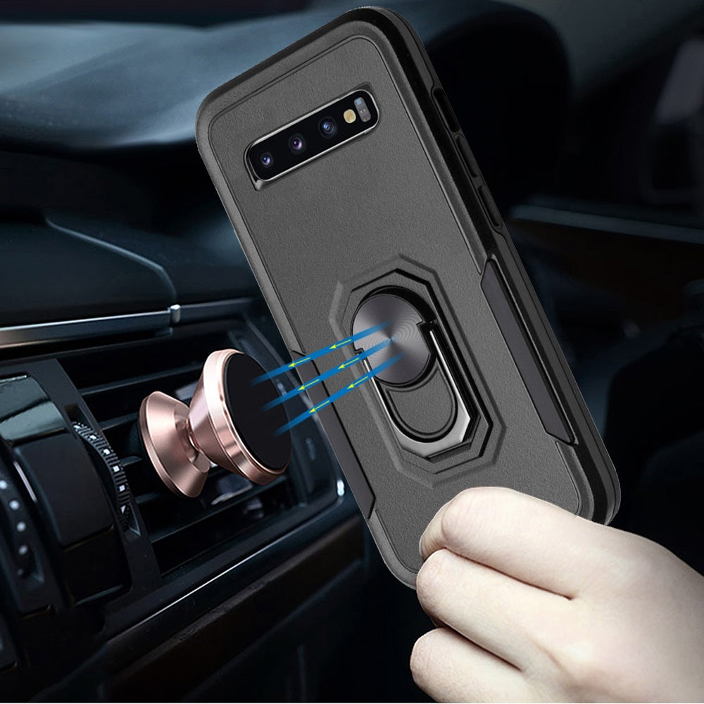 For Samsung Galaxy S10+ Plus Hybrid Tough Strong Dual Layer Hard PC TPU with Flat Magnetic Ring Stand Heavy-Duty Armor Black Phone Case Cover