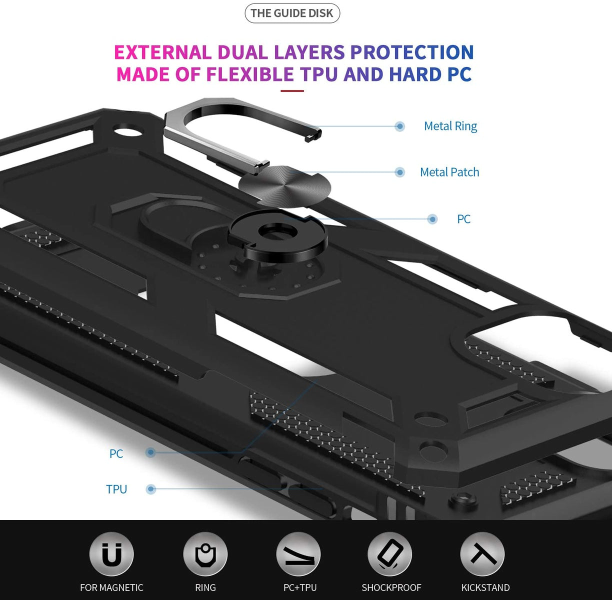 For Samsung Galaxy A03 Core Shockproof Hybrid Dual Layer PC + TPU with Ring Stand Metal Kickstand Heavy Duty Armor Shell Phone Case Cover