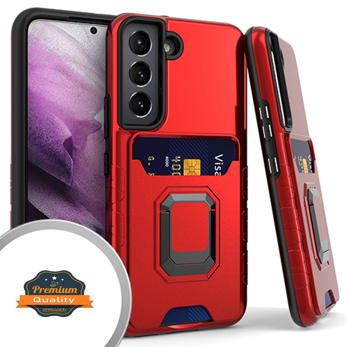 For Samsung Galaxy S22 /Plus Ultra Wallet Credit Card Slot Holder Metal Ring Kickstand Heavy Duty Shockproof Hybrid Dual Layer Phone Case Cover
