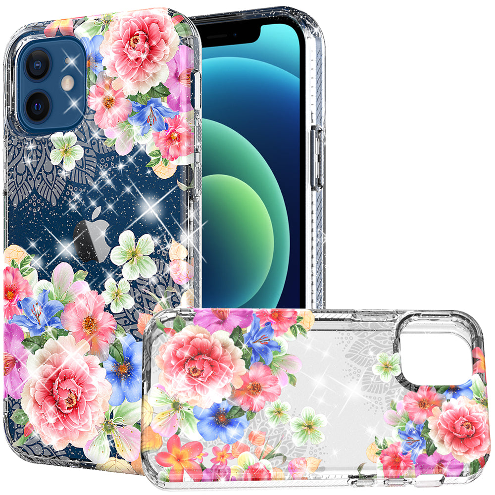 For Apple iPhone 11 /11 Pro Max Slim Hybrid Shiny Glitter Clear Floral Pattern Bloom Flower Design TPU Gel Hard PC Back Phone Case Cover