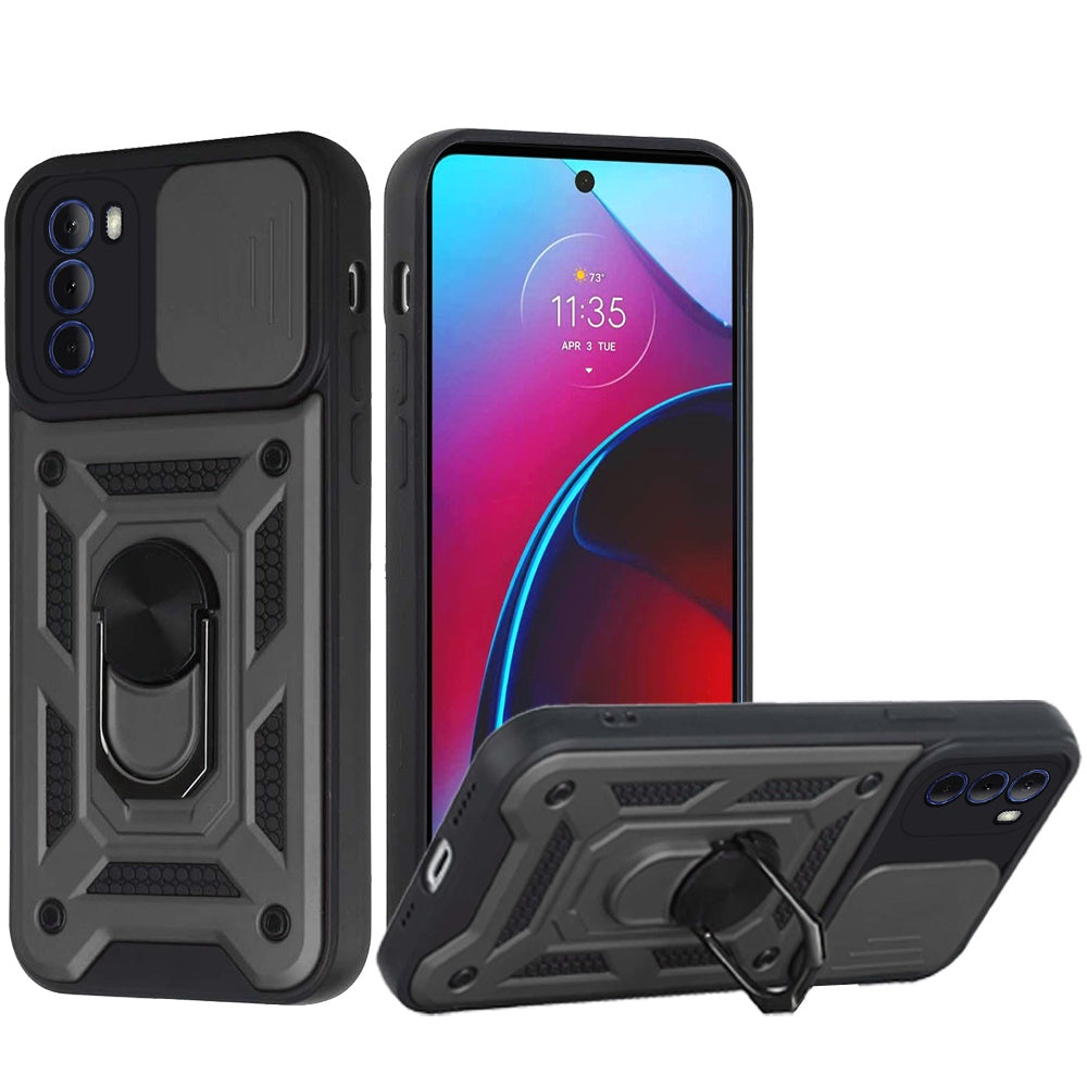 For Motorola Moto G Stylus 2022 4G Hybrid Cases with Slide Camera Lens Cover, Ring Holder Kickstand Rugged Dual Layer Phone Case Cover