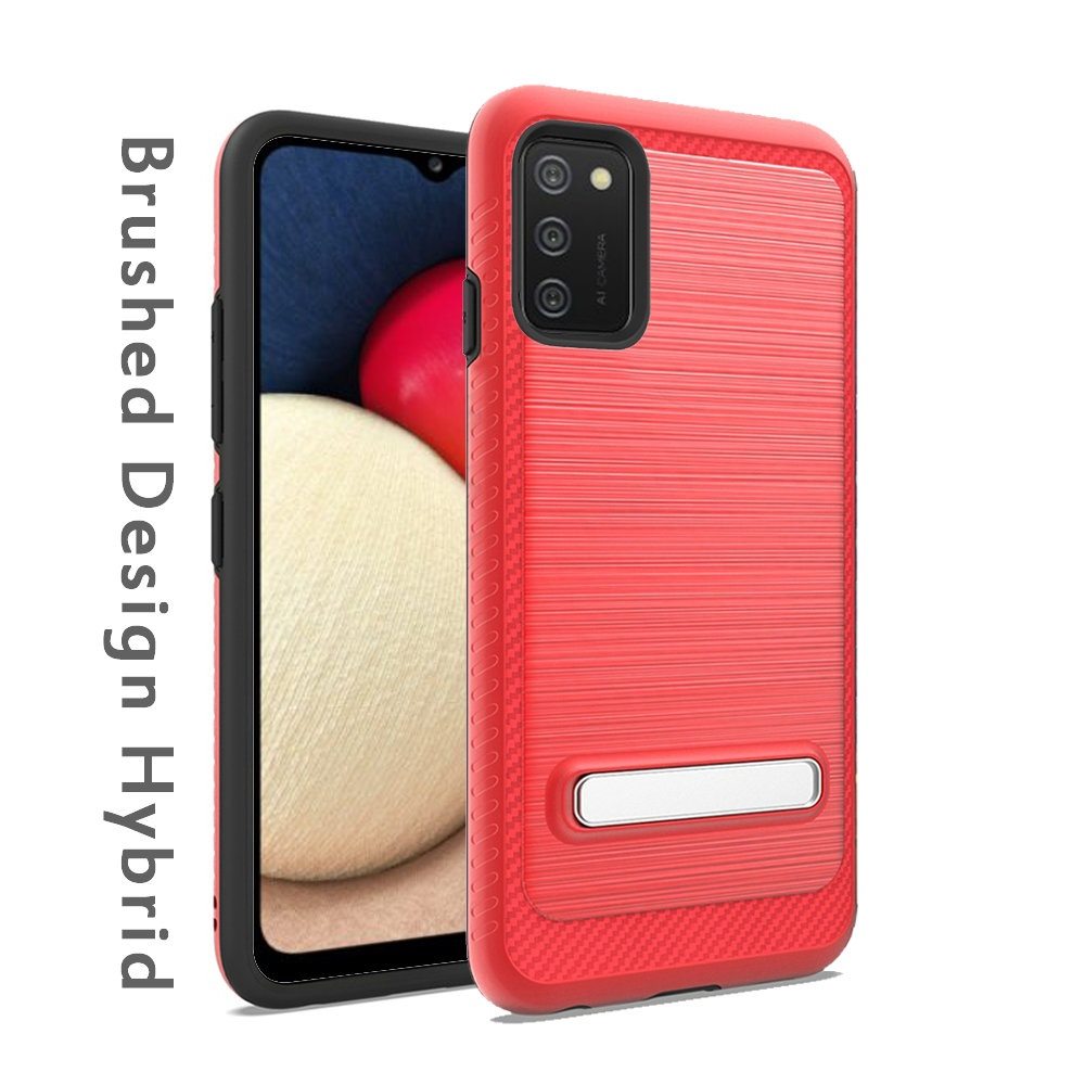 For Samsung Galaxy A02S Slim Brushed Hybrid Shock-Absorption Armor Edged Carbon Fiber with Metal Kickstand Rugged Texture Phone Case Cover