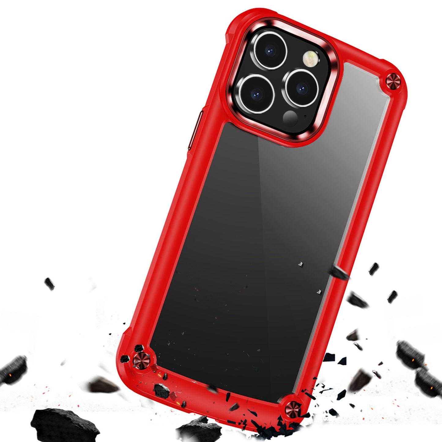 For Apple iPhone 14 Pro Max (6.7") Hybrid Transparent Rubber with Metal Buttons & Camera Edges Hard TPU Corner Bumper Phone Case Cover