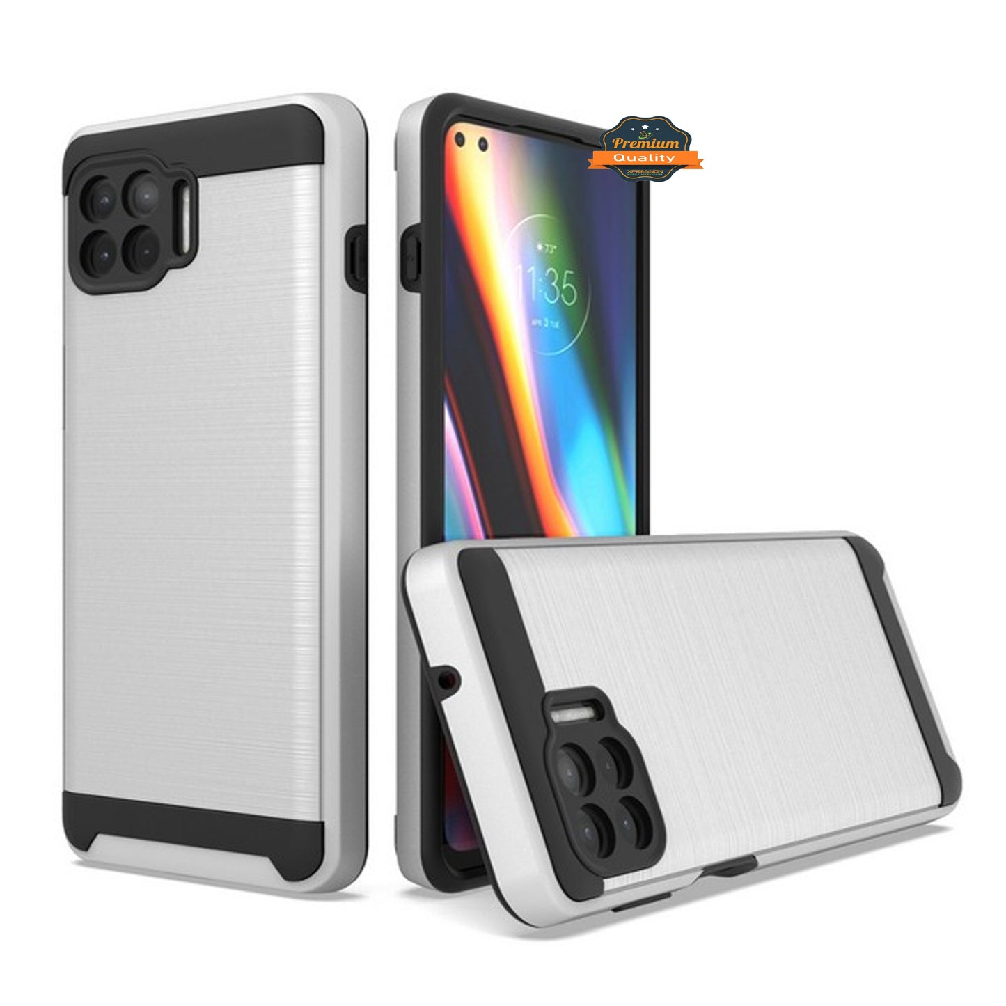 For Motorola Moto One 5G, Moto G 5G Plus Rugged TPU + Hard PC Brushed Metal Texture Hybrid Dual Layer Armor Shockproof Phone Case Cover