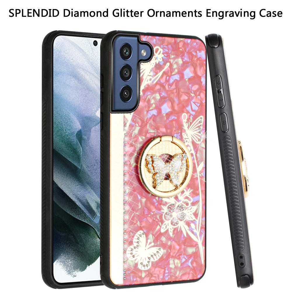 For Samsung Galaxy S22 /Plus Ultra Diamond Bling Sparkly 3D Ornaments Engraving Hybrid with Ring Stand Holder Rugged Fashion Phone Case Cover