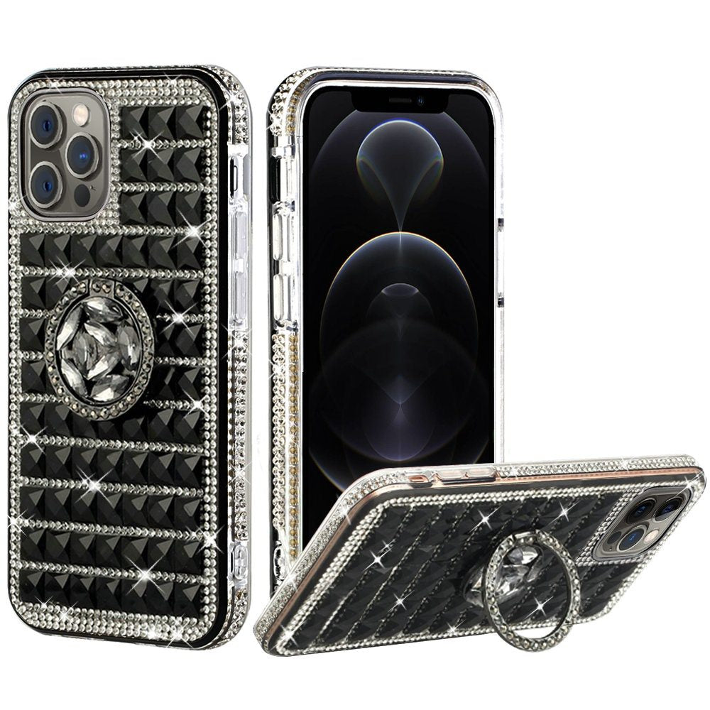 For Apple iPhone 11 (6.1") Luxury 3D Bling Diamonds Rhinestone Jeweled Shiny Crystal Hybrid TPU Hard with Ring Stand Holder Black Phone Case Cover