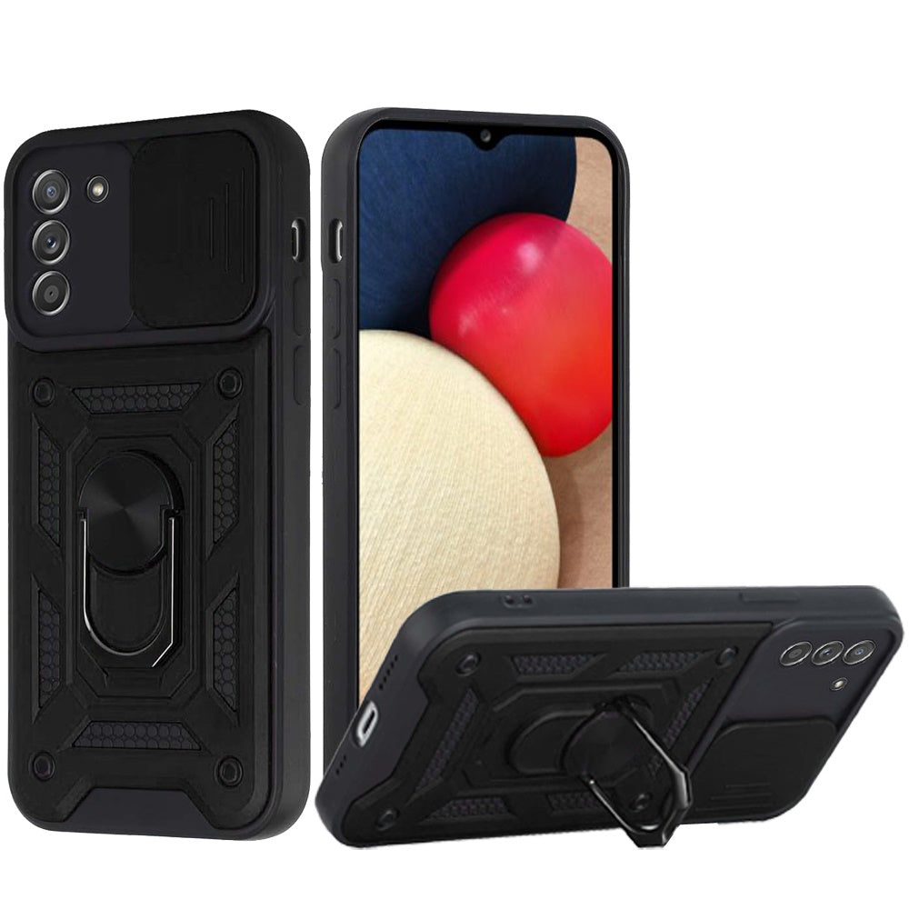 For Samsung Galaxy A02S Hybrid Cases with Slide Camera Lens Cover and Ring Holder Kickstand Rugged Dual Layer Heavy Duty Phone Case Cover