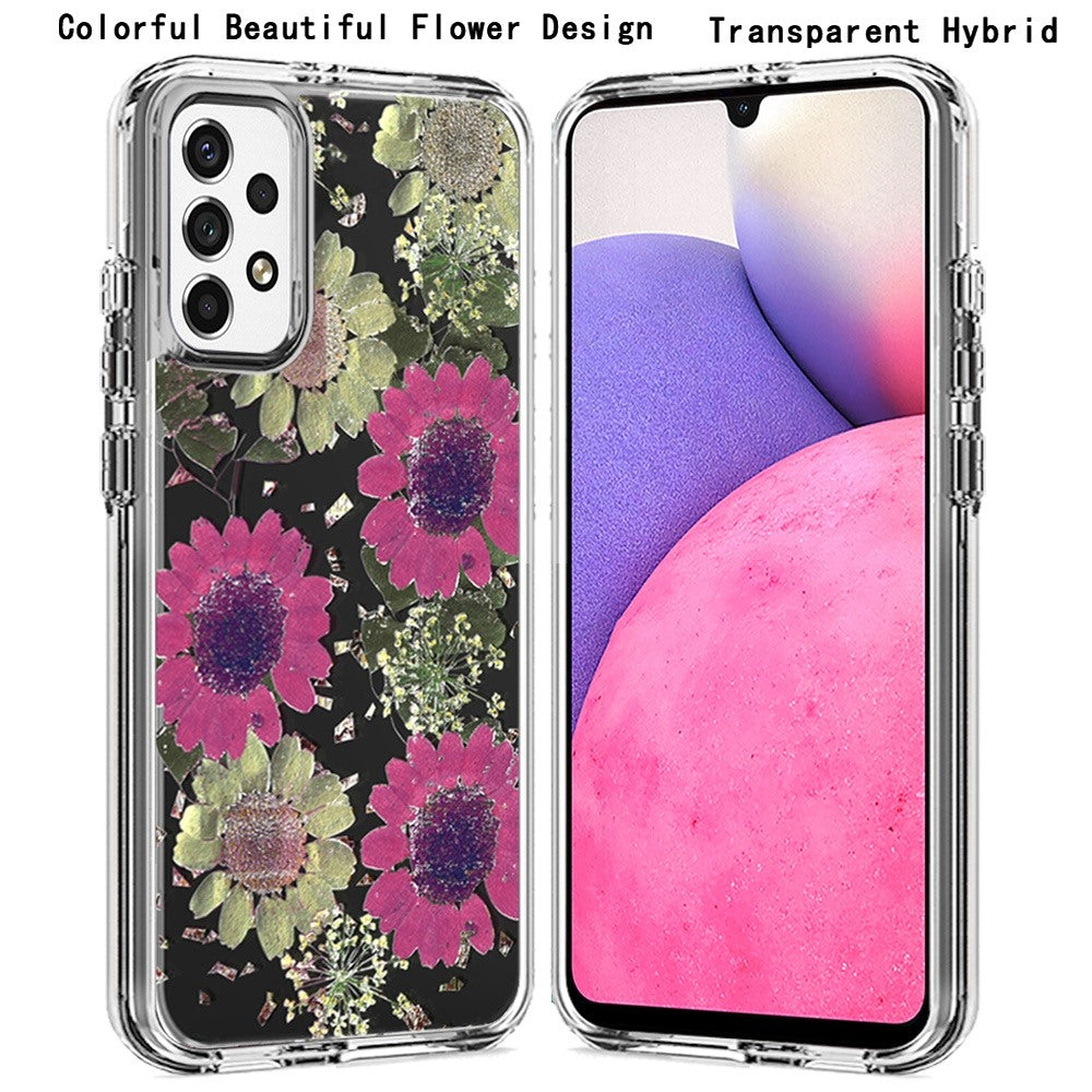 For Samsung Galaxy A33 5G Glitter Floral Print Pattern Clear Design Shockproof Hybrid Fashion Sparkle Rubber TPU Bumper Phone Case Cover