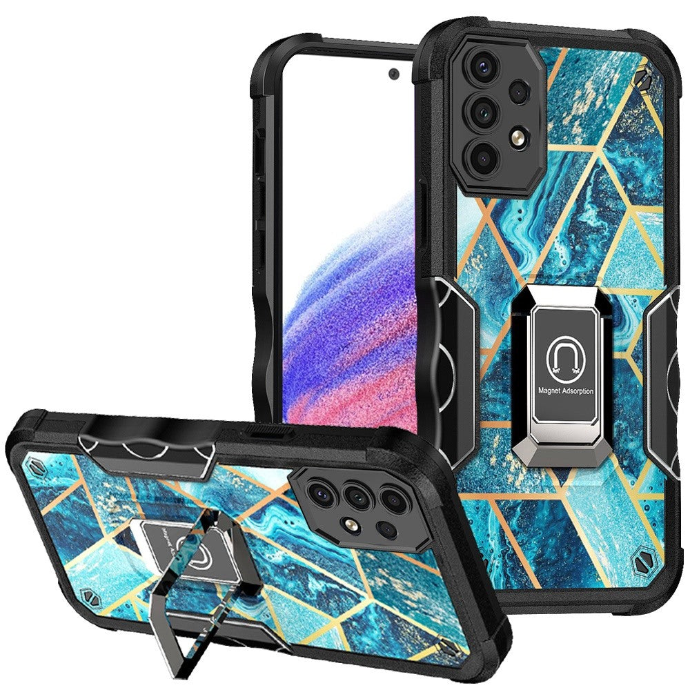 For Samsung Galaxy A53 5G Marble IMD Stone Design Hybrid Armor with Magnetic Ring Stand Kickstand Heavy Duty Rugged Shockproof Phone Case Cover