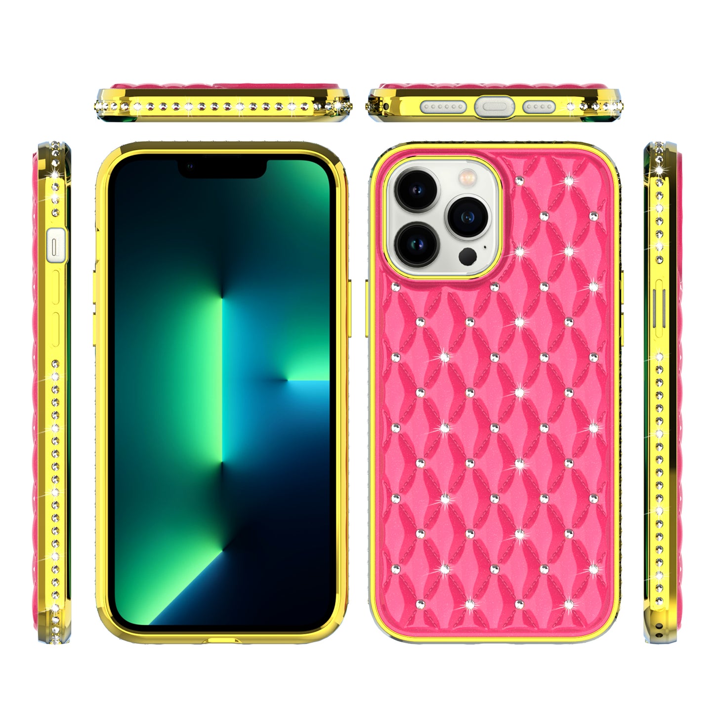 For Apple iPhone 13 Pro Max (6.7") Luxury Chrome Diamonds Rhinestone Thick Shiny Bling Protective Rubber Frame Phone Case Cover