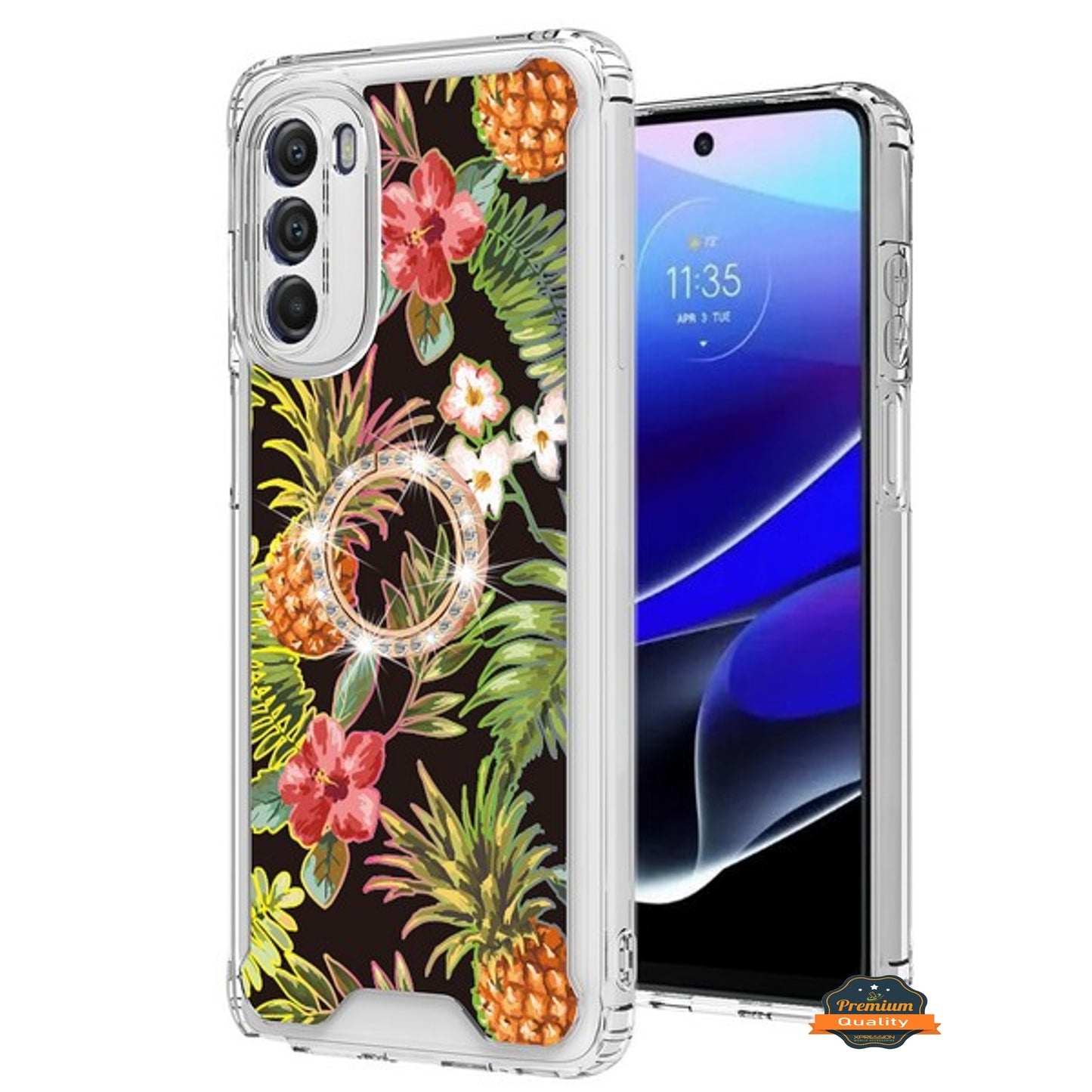 For Motorola Moto G Stylus 5G 2022 Fashion Design Pattern Flowers Hybrid Ring Kickstand Bling Diamond Hard PC TPU Phone Case Cover