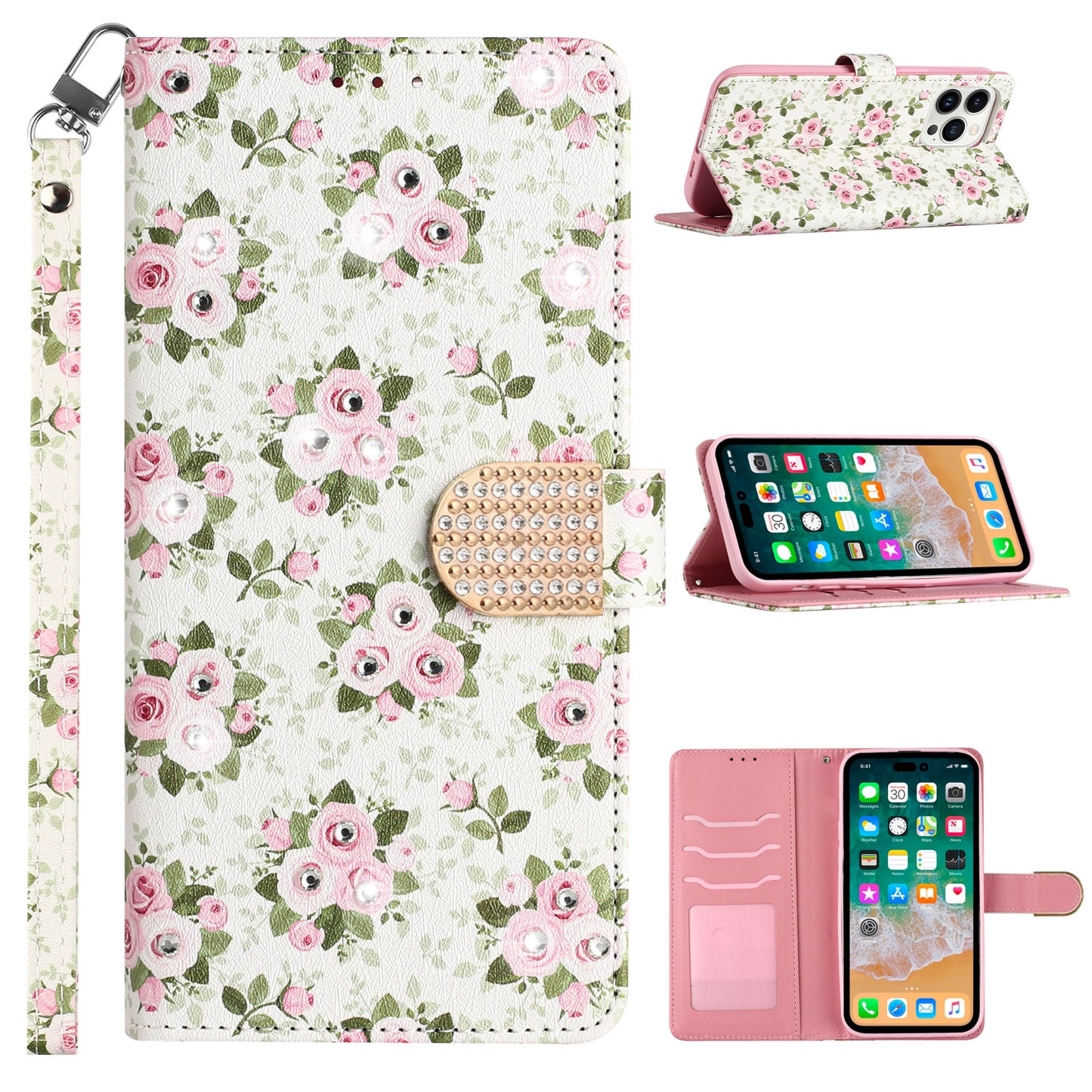 For Samsung Galaxy A23 5G Fashion Diamond Bling Design Wallet Pouch Card Slots PU Leather With Lanyard Phone Case Cover