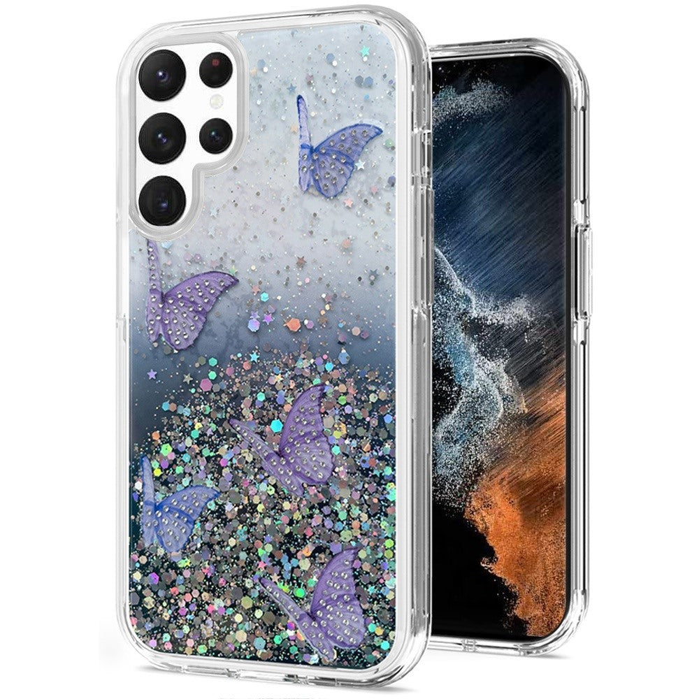 For Apple iPhone 11 (6.1") Butterflies Glitter Bling Shiny Sparkle Glittering Flake Hybrid Hard PC TPU Silicone Slim Phone Case Cover