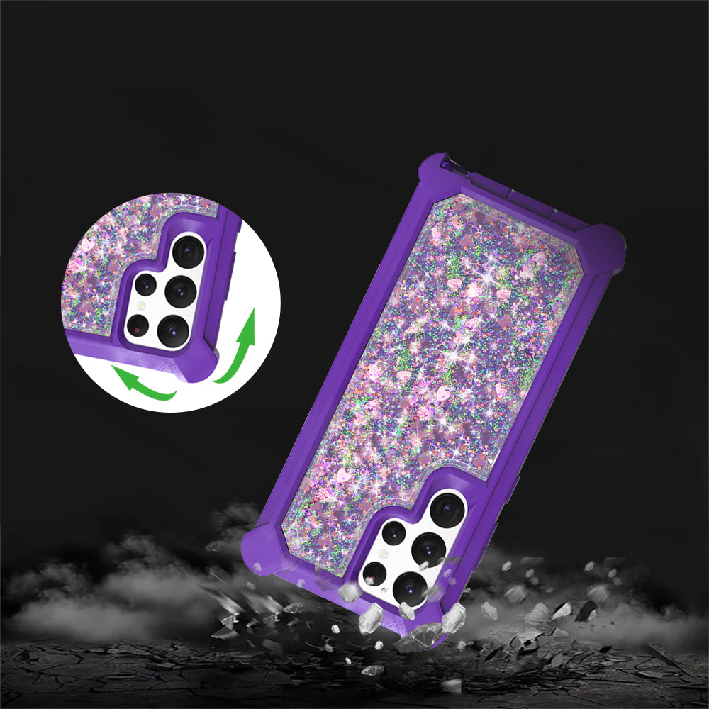 For Samsung Galaxy S22+ Plus Luxury Liquid Glitter 3in1 Sparkle Bling Quicksand Clear Heavy Duty Bumper PC Frame TPU Back Phone Case Cover