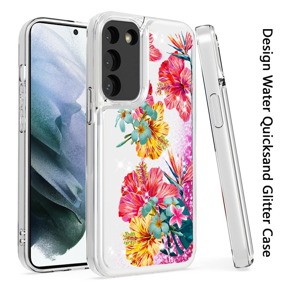 For Samsung Galaxy S22 /Plus Ultra Floral Design Quicksand Water Flowing Liquid Floating Colorful Glitter Bling Flower Fashion TPU Hybrid Phone Case Cover
