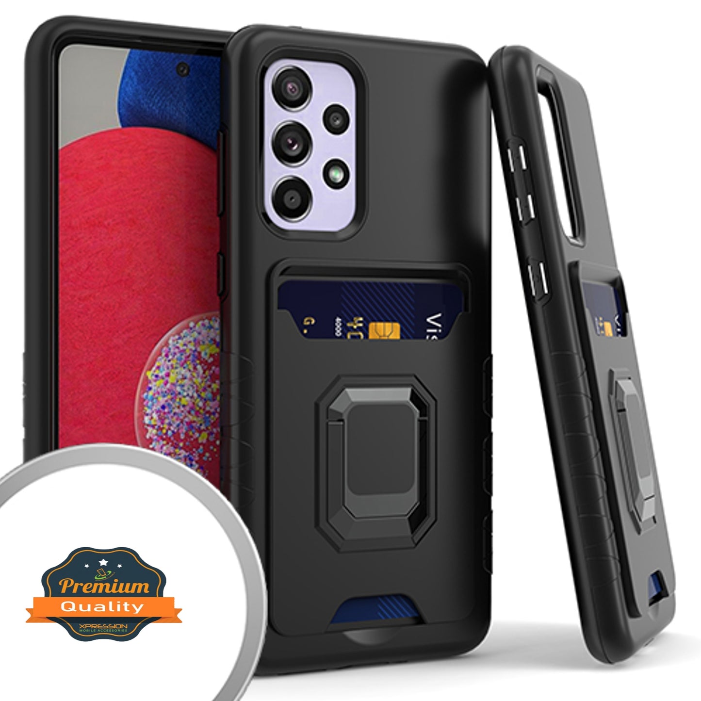 For Samsung Galaxy A33 5G Wallet Credit Card ID Slot Holder with Metal Ring Kickstand Shockproof Hybrid Dual Layer Stand Phone Case Cover