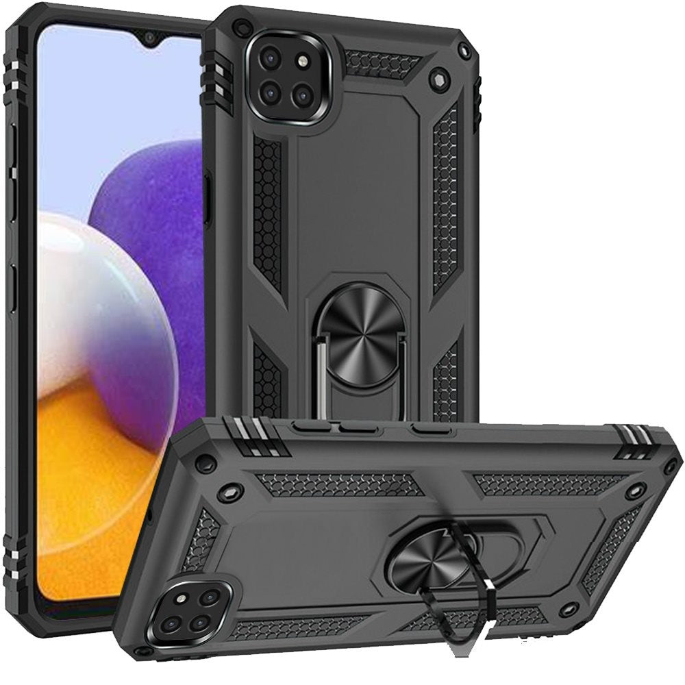 For Samsung Galaxy A22 5G Armor Hybrid Durable 360 Degree Rotatable Ring Stand Holder Kickstand 2in1 Fit Magnetic Car Mount Gray Phone Case Cover
