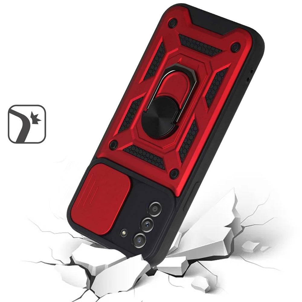 For Samsung Galaxy A02S Hybrid Cases with Slide Camera Lens Cover and Ring Holder Kickstand Rugged Dual Layer Heavy Duty Phone Case Cover